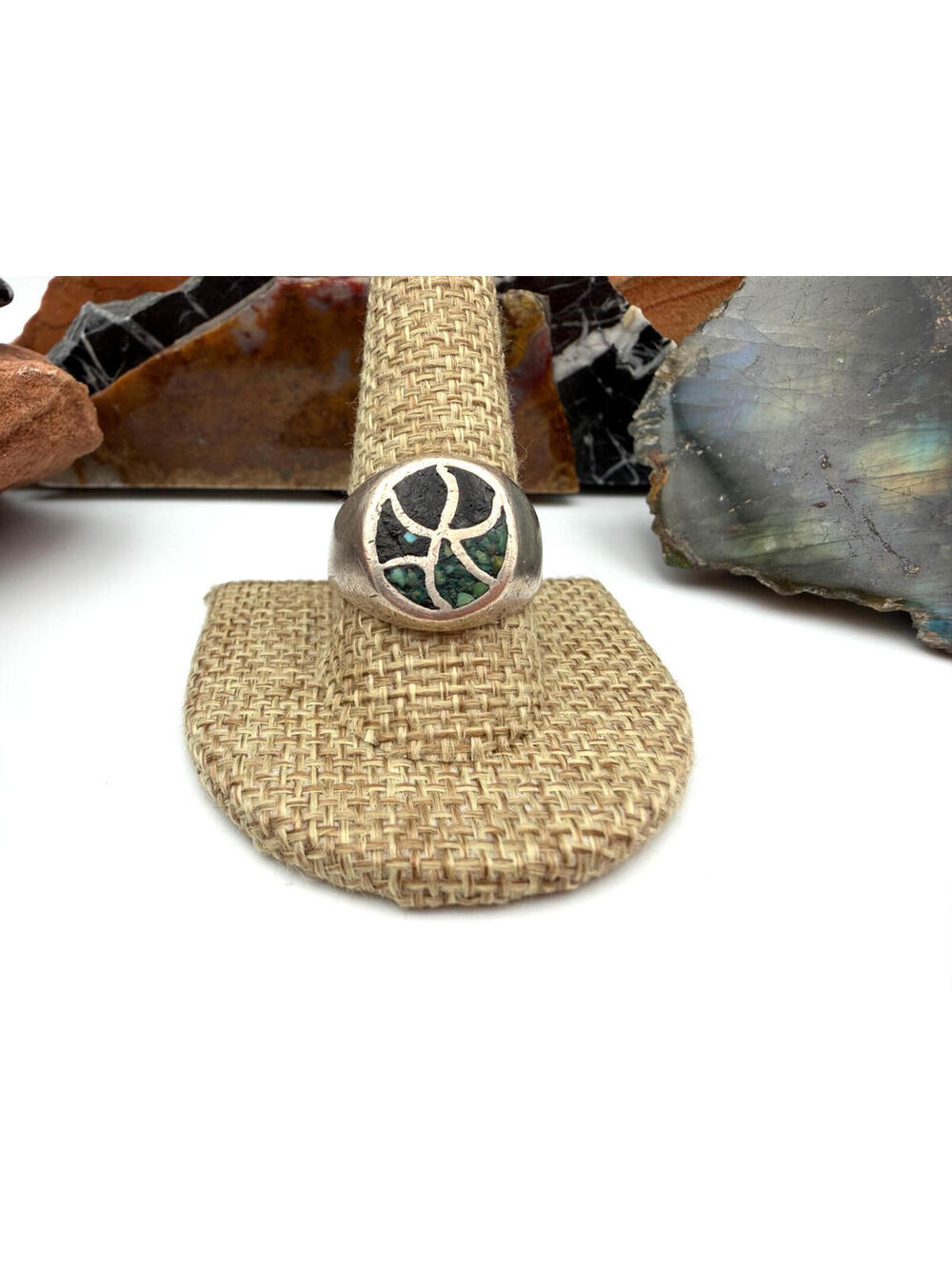 Vintage Navajo Old Pawn Inlay Crushed Turquoise Sterling Silver Ring Size 10